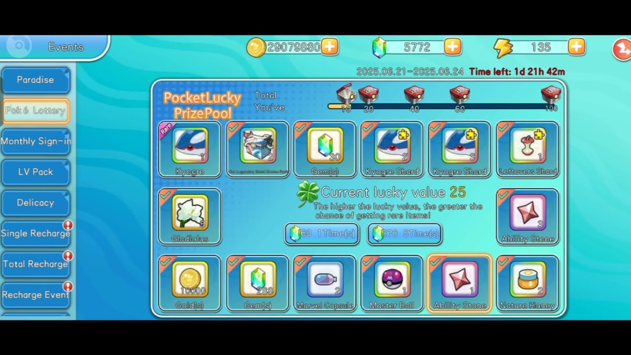 Can I Get KYOGRE with 6000+Diamonds Poke Lottery Spins in PocketPixel (PixelLegendTrainerAwakening)?