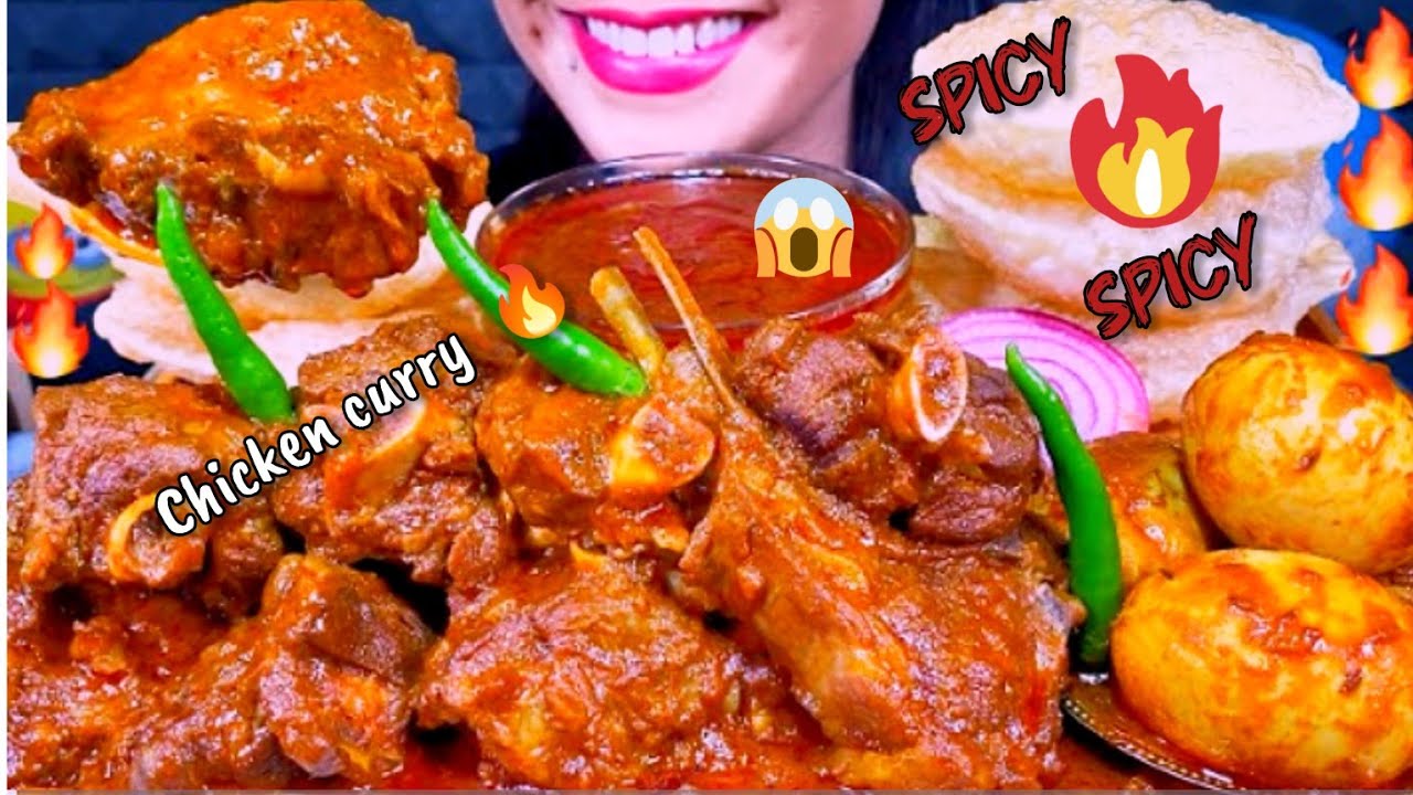 SPICY CHICKEN CURRY WITH PURI ❤️‍🔥|| ASMR EATING || MUKBANG || BUTTER CHICKEN 🍗