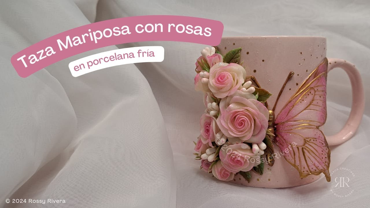 Taza Mariposa con Rosas en porcelana fría | Manos Creativas