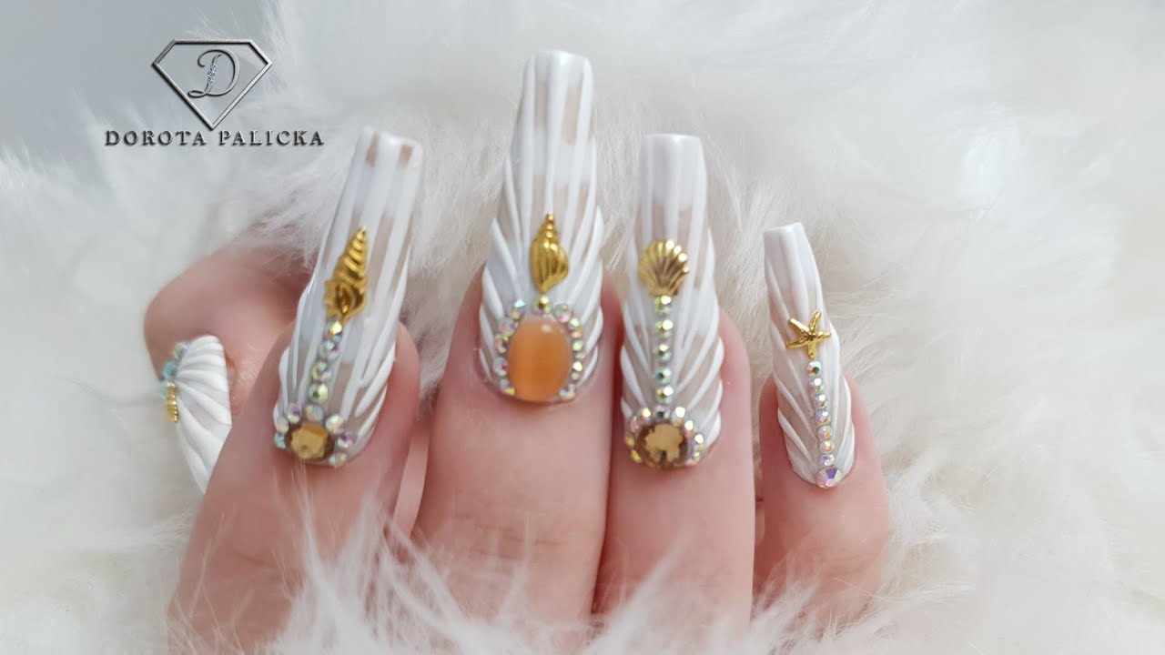 Summer nails. 3D shell 🐚 nail art using gel. Crystals placement