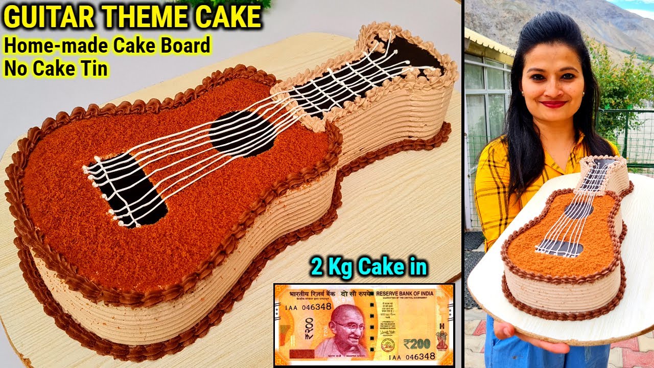 3D Guitar Theme Cake बिना Mold,बिना cake board,सब Homemade बनाया| Easy Eggless Chocolate Guitar cake