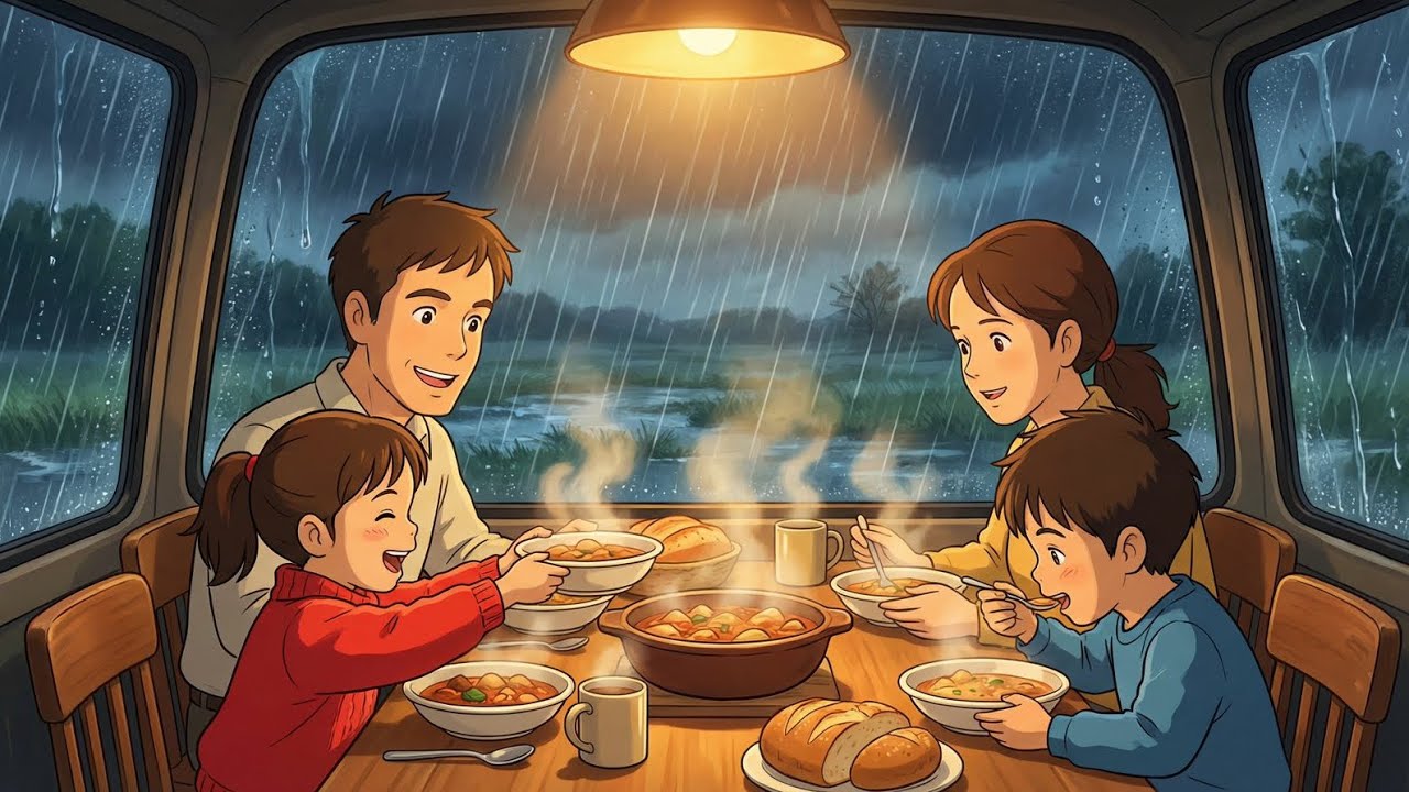 “A Stormy Night in Our Tiny Mobile Home 🌧️✨ | Cozy Family ASMR Rain Escape (Ghibli Style)”