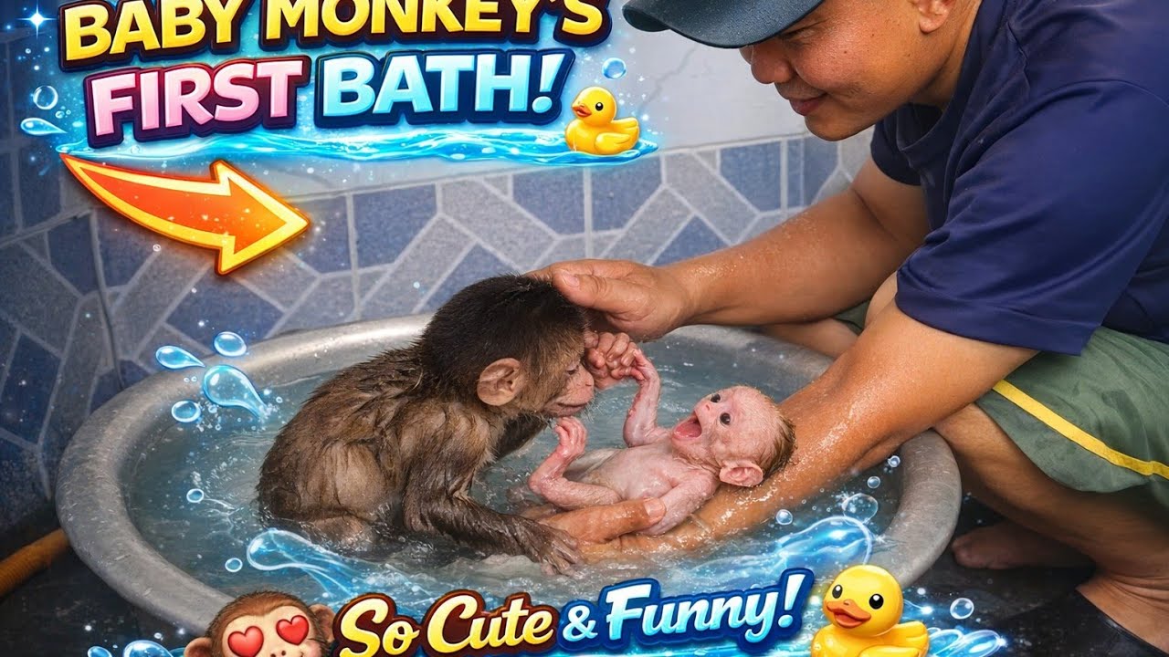 «О боже! Первая реакция милой обезьянки на купание 🐵💦😂»