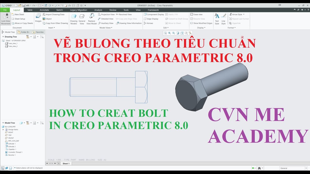 Cách vẽ bulong theo tiêu chuẩn DIN trong PTC CREO PARAMETRIC 8.0
