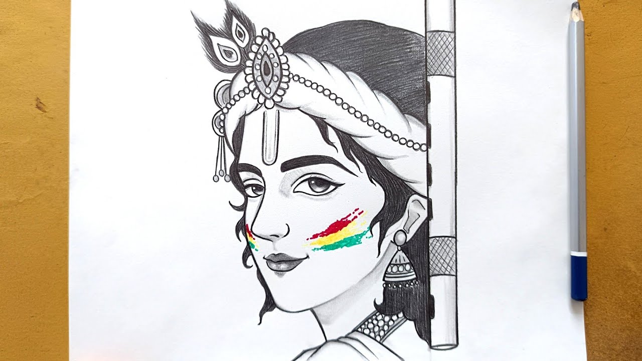 Krishna holi drawing with bansuri step by step || Easy Holi drawing ideas for beginners