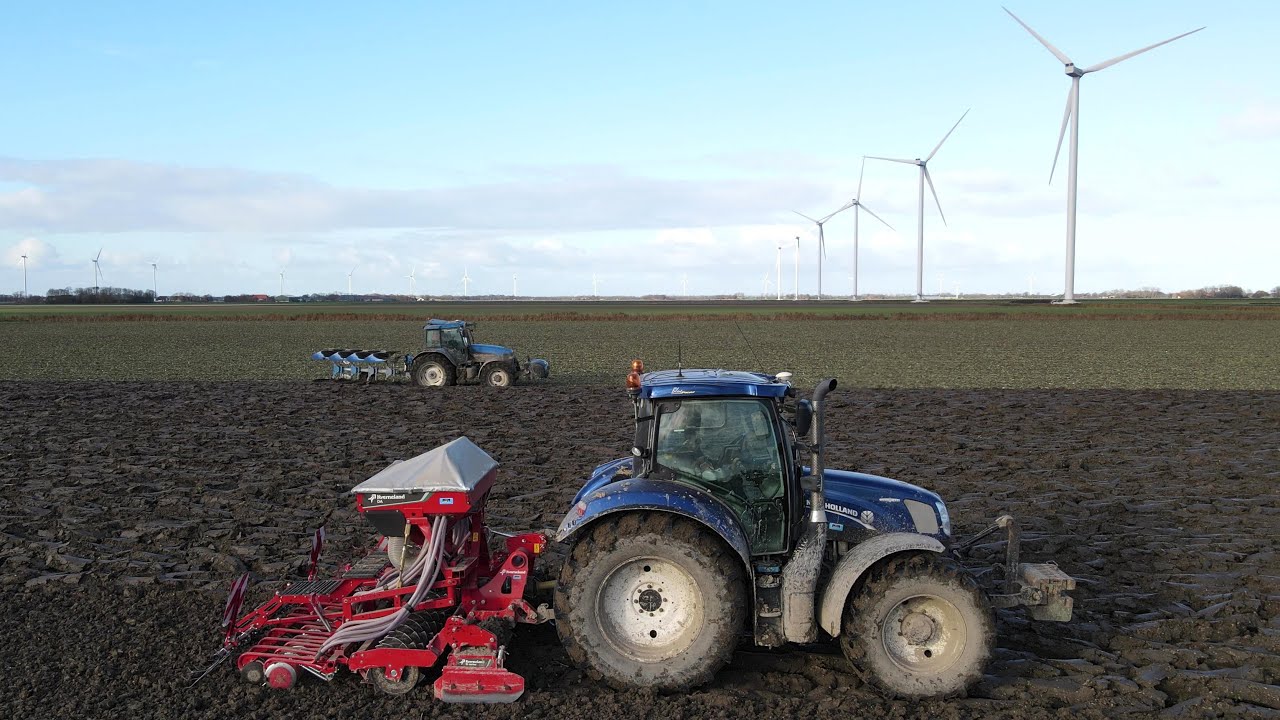 New Holland TM125 ploughing and T6.160 drilling wheat with Kverneland DA powerharrow / sowing combi
