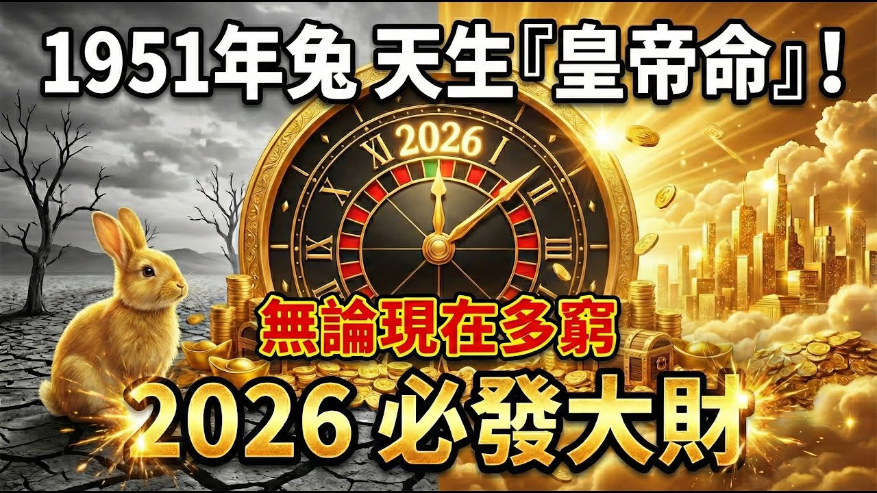 1951年兔：你天生就是『皇帝命』！不管現在多窮，明年2026年之後必將『一步登天』！#1951年屬兔 #生肖兔 #2026年屬兔運勢 #生肖兔運勢 #偏財運 #辛卯兔 #屬兔運勢 #招財 #改運
