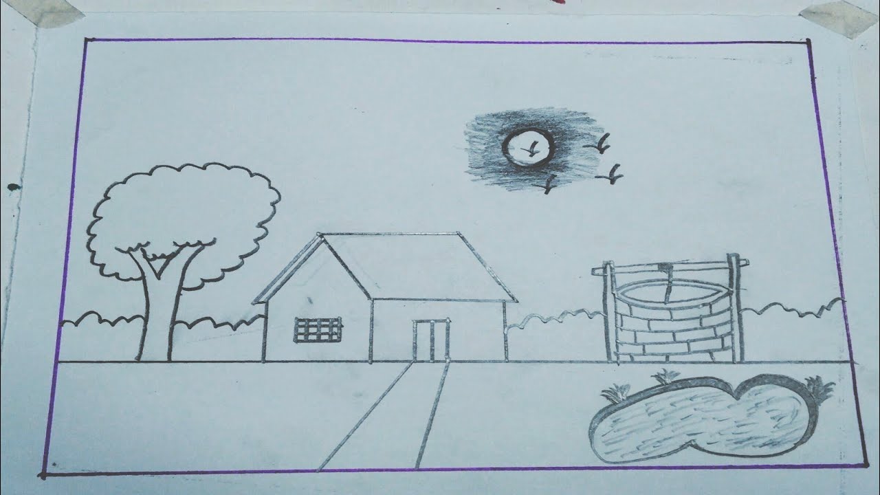 Sundor village scenery Drawing || Very Easy Drawing for Beginners 
