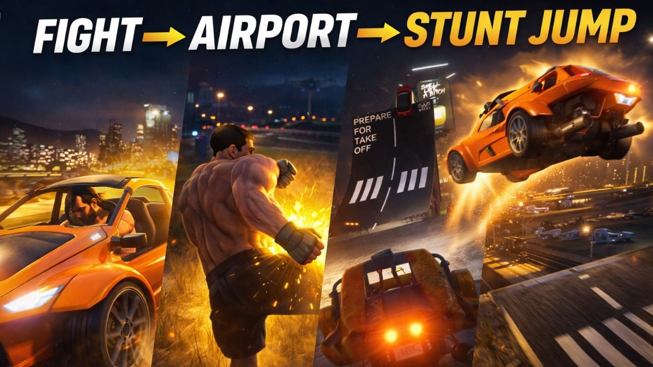GTA 5 Slingshot Action Gameplay | Street Fight, Airport Runway & Stunt Jump