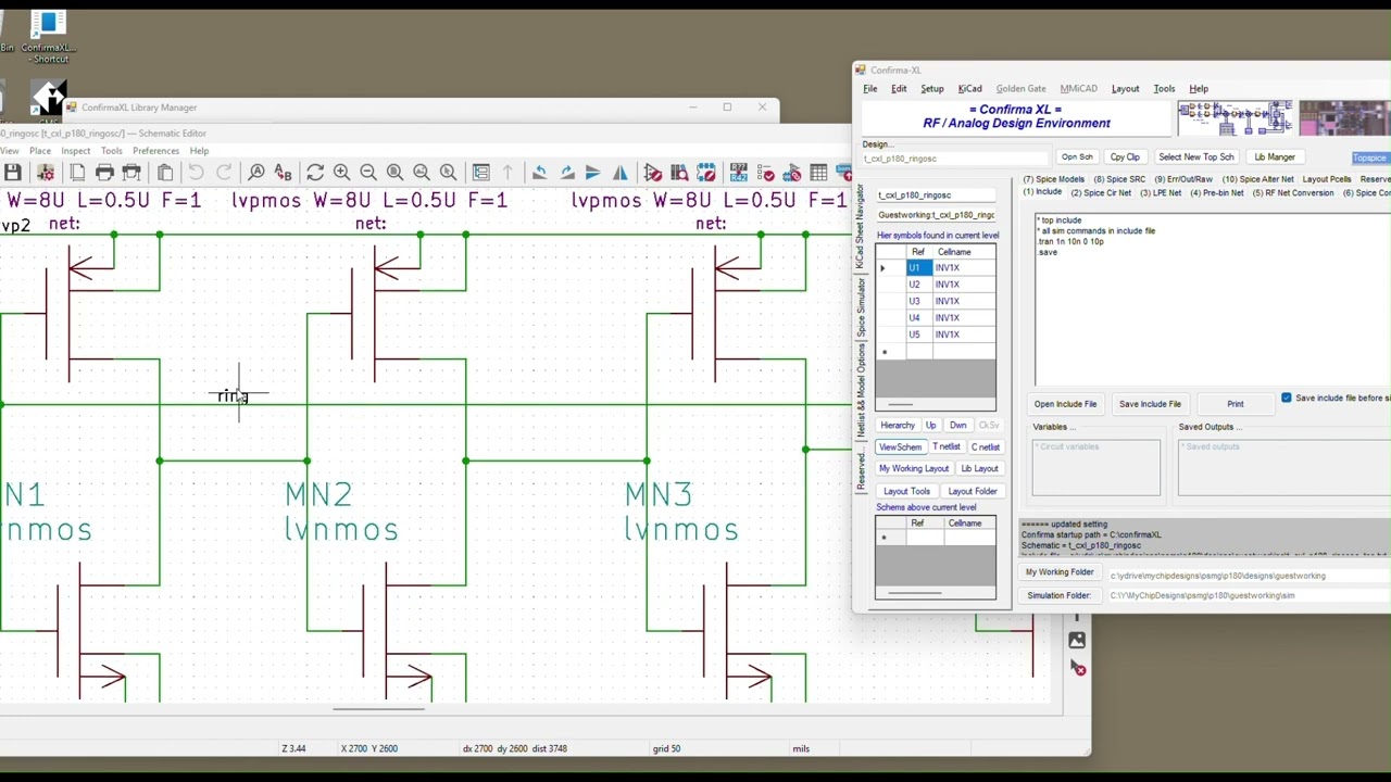 Free ConfirmaXL IC Design System #4 . Post install tour via a PDK based ring oscillator sim example