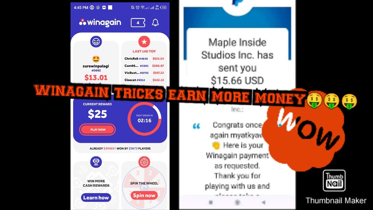 WINAGAIN: New Earning app 2021 Hack tricks Unlimited Paypal Money!