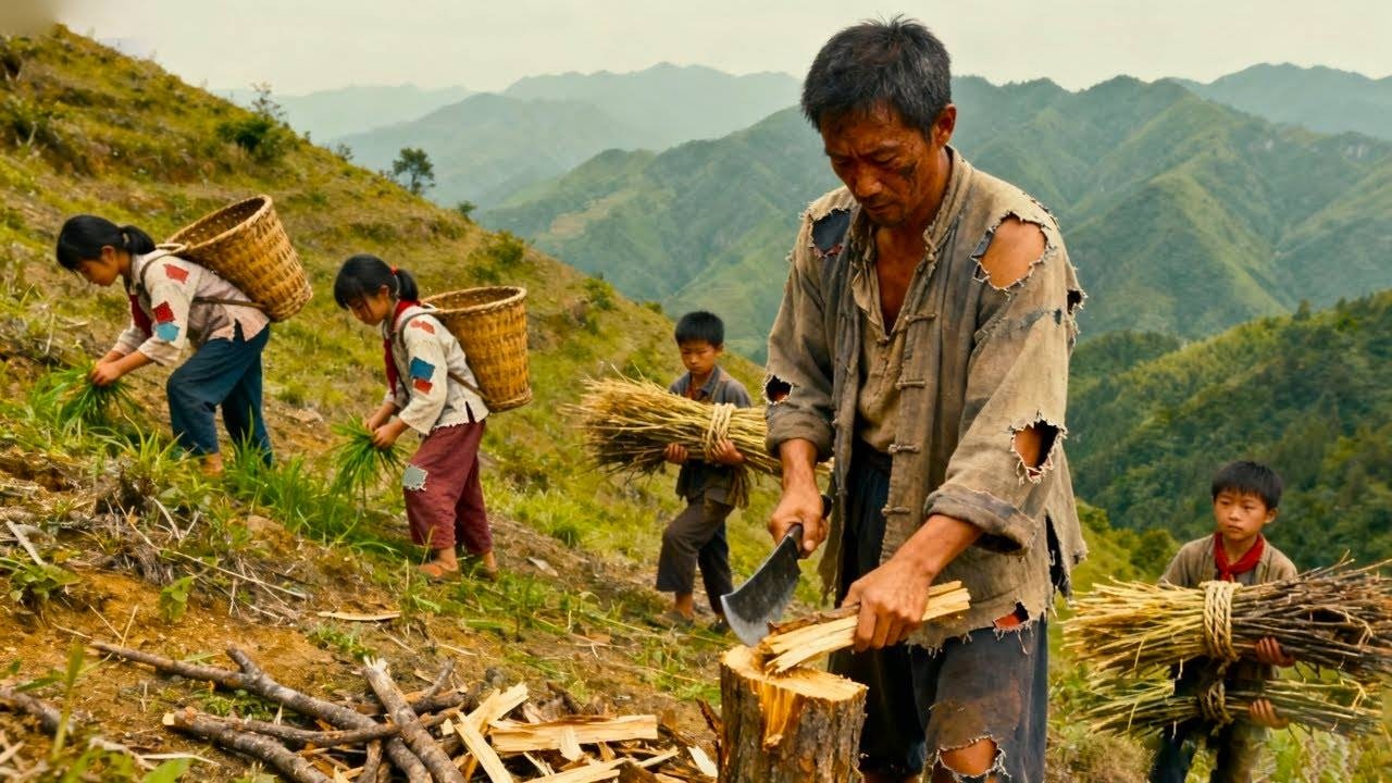 【一家六口隐居深山】 年仅五岁的姐妹上山割满筐猪草喂猪，回家还立刻帮父亲做饭，懂事得让人心疼！#乡村日常 #懂事孩子 #温暖瞬间