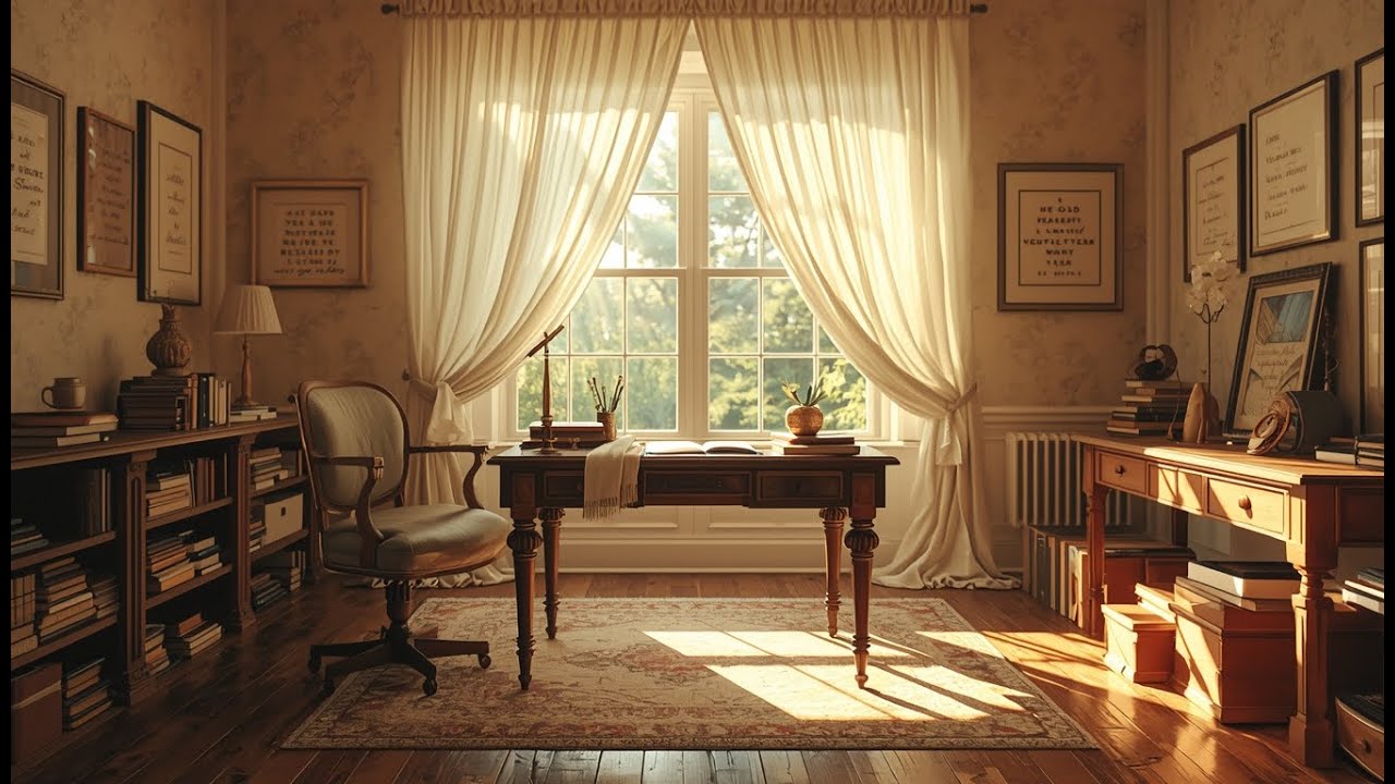 Sunlit Writing Room with Flowing Curtains | Gentle Ambience & Soft Music | 1 Hour