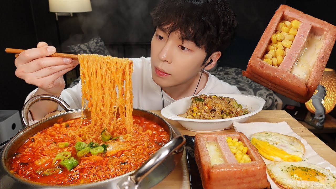 MUKBANG | 집밥! 직접 만든 김치 라면 & 콘 치즈 통스팸, 계란 새우 볶음밥 먹방 | RECIPE KOREAN HOME FOOD الأرز المنزل Nhà gạo
