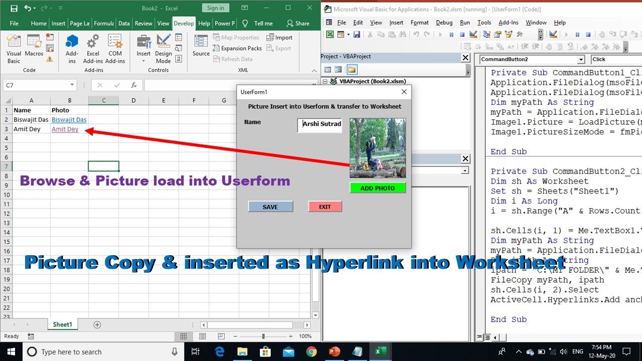 Browse, insert, copy image & transfer as hyperlink from userform to worksheet