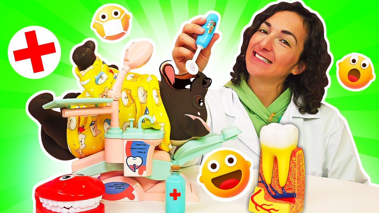 Oh no, al cane giocattolo Cioccolata fa male il dentino! Gioco del dentista per i bambini piccoli