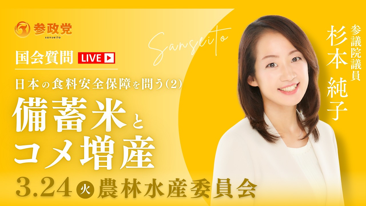 【国会中継】「日本の食料安全保障を問う 備蓄米とコメ増産」 参議院議員 杉本純子 国会質疑 令和8年3月24日 参政党