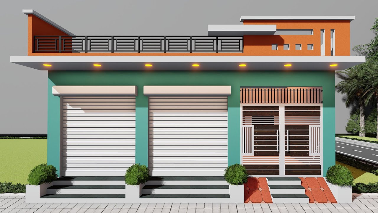 indian shop and car parking frant elevation 3D 27 by 50 dukan or makan  27*50 house with car parking
