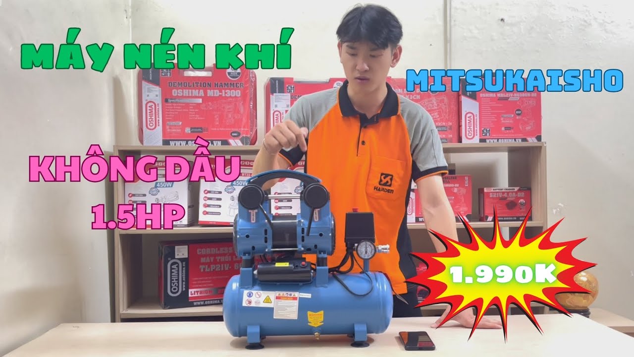 MÁY NÉN KHÍ 12L KHÔNG DẦU MITSUKAISHO 1.5HP ĐẦY HƠI TRONG 36 GIÂY GIÁ 1.990K