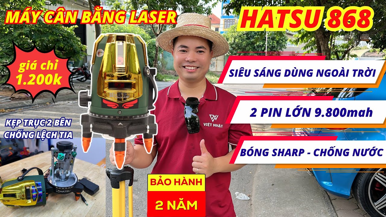 Máy cân bằng laser siêu sáng Hatsu 868 dùng ngoài trời, kèm 2 pin lớn, khóa trục 2 bên - giá 1200k