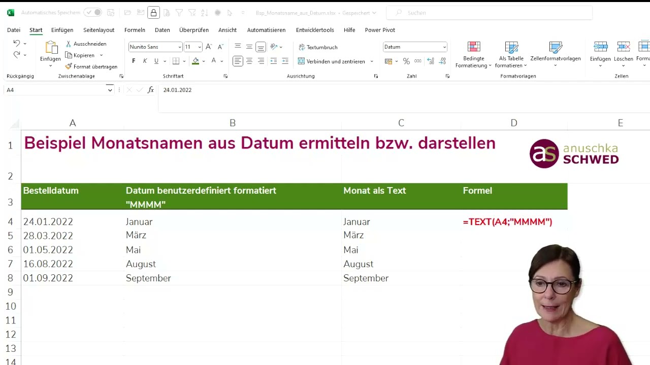 Excel: Monatsname aus Datum mit Formatierung Ausgabeformat &auml;ndern #deutsch