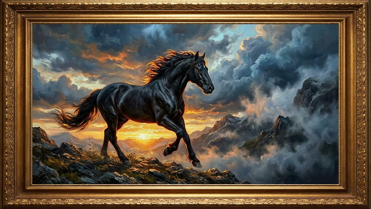 Midnight Stallion at Stormy Sunset | 4K Luxury Frame TV Art Display