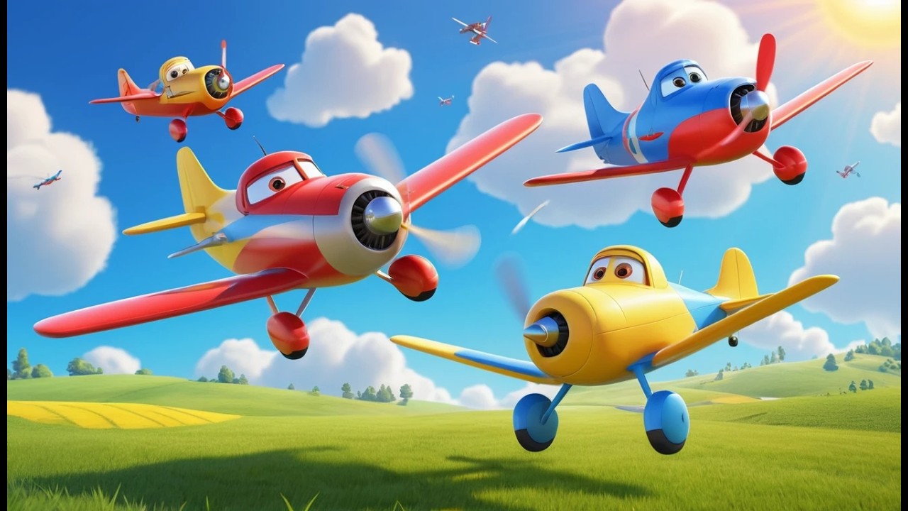 Drei kleine Spielzeugflugzeuge fliegen hoch am Himmel | Flugzeuglied für Kinder