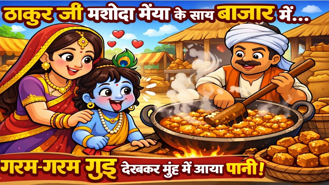 ठाकुर जी यशोदा मैया के साथ बाजार जाने पर गरम गरम गुड़ बनाते देख मुंह में पानी आगया