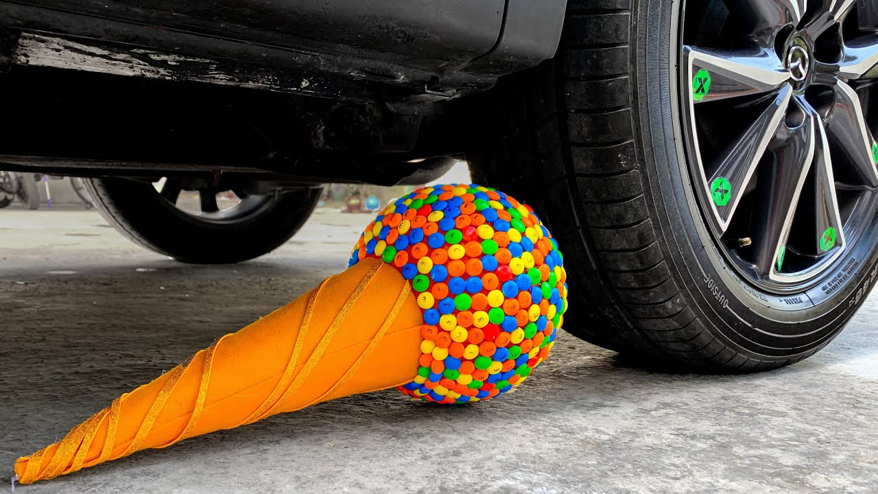 Crushing Crunchy & Soft Things by Car! - RAINBOW ICE CREAM CONE vs CANDY M&M vs CAR