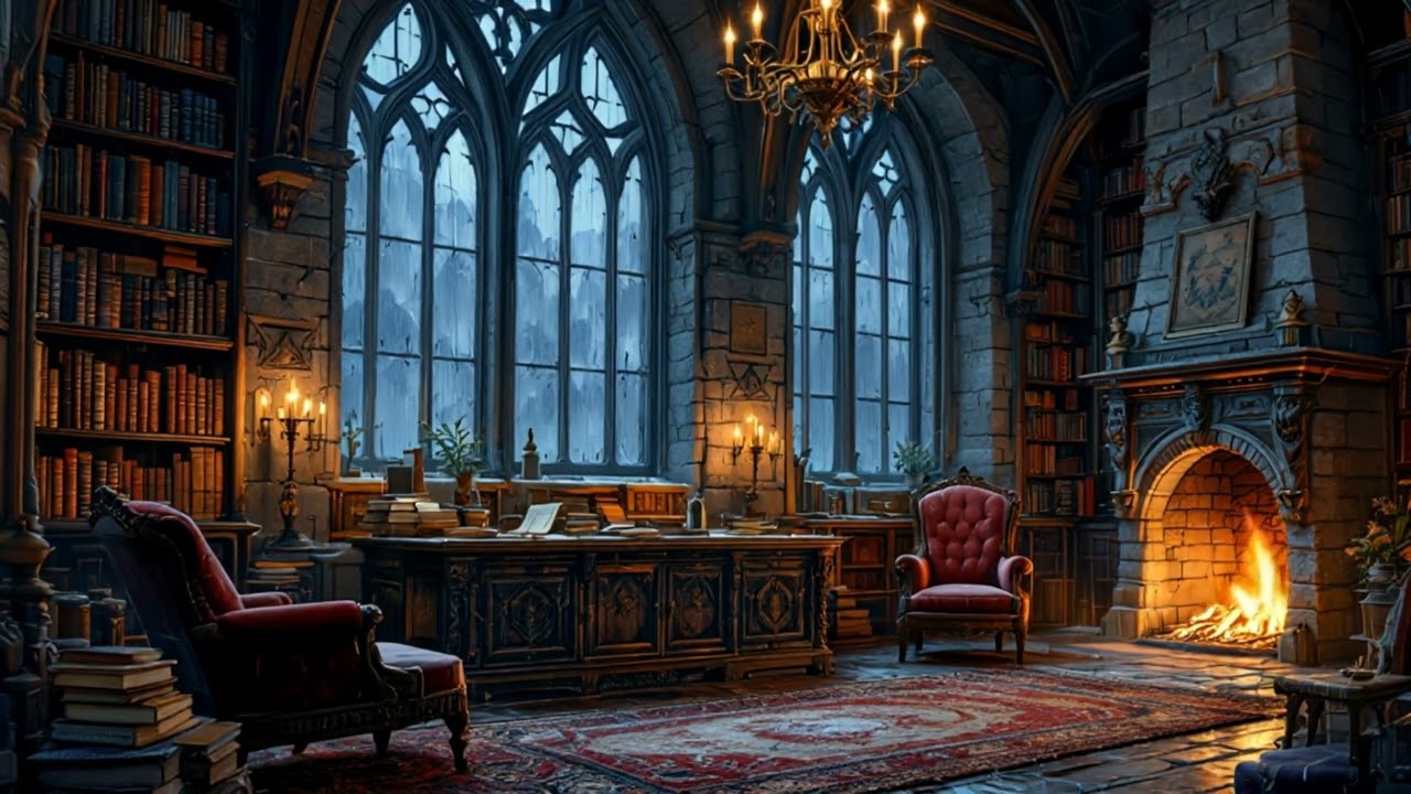 Ancient Castle Library at Night | Crackling Fireplace, Rain & Soft Medieval Music | 3 Hours Ambience