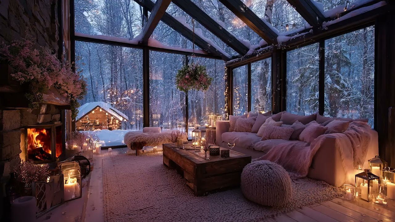 Beautiful Winter Atmosphere of Snow Wind Outside and Fireplace Crackling to Warm the Heart