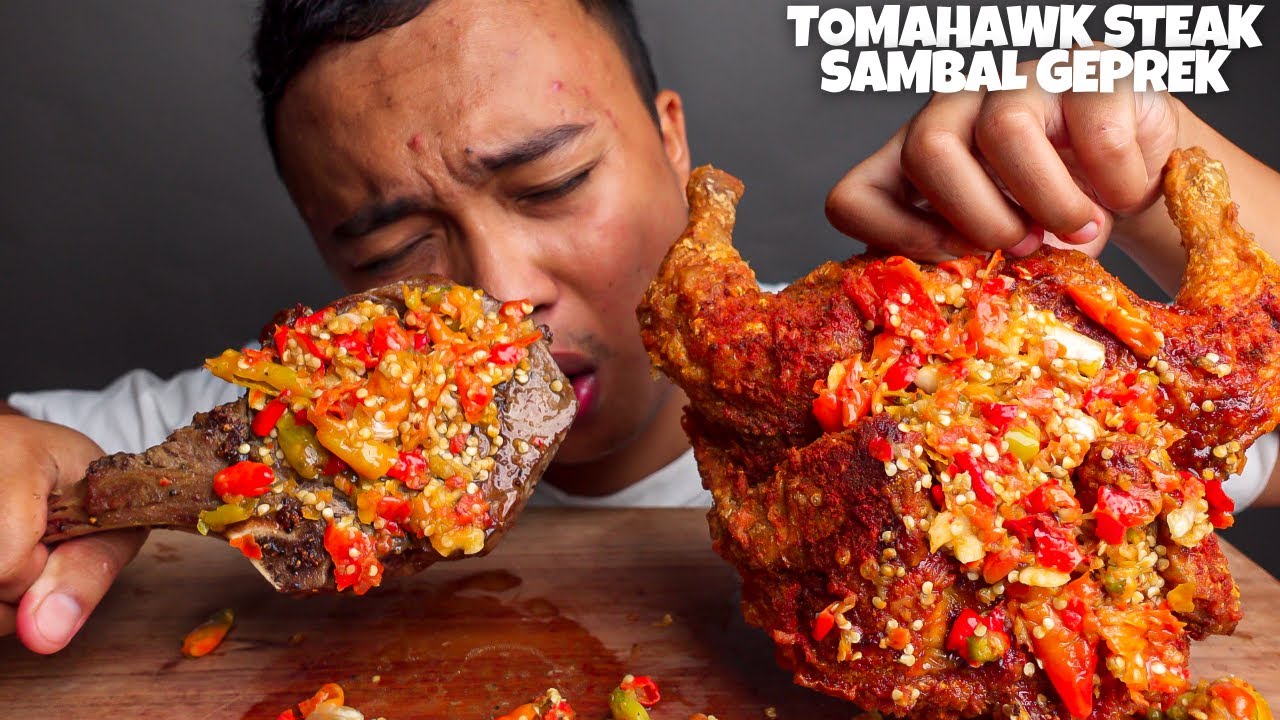 MUKBANG AYAM PEDAS SATU EKOR UTUH + TOMAHAWK STEAK SAMBAL GEPREK!! MAKAN MAKANAN PEDAS #madukorat