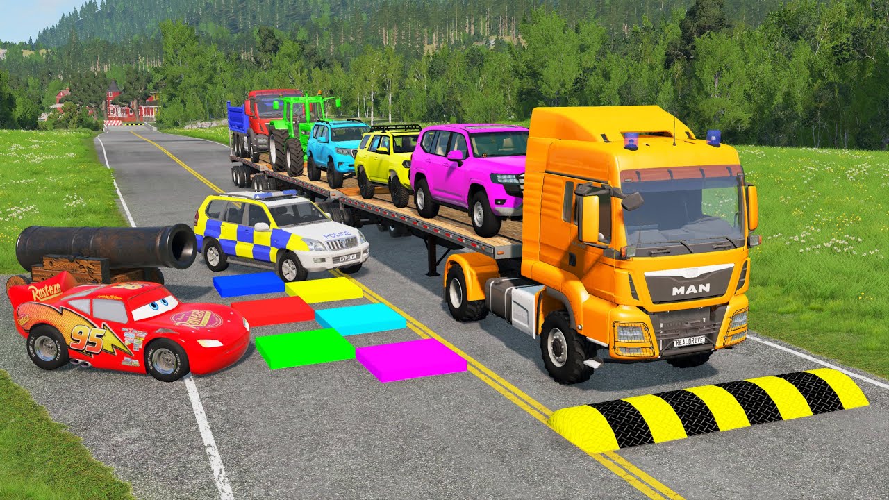 Triple Flatbed Trailer McQueen Transportation with Truck - Speedbumps vs Cars vs Train - BeamNG #3
