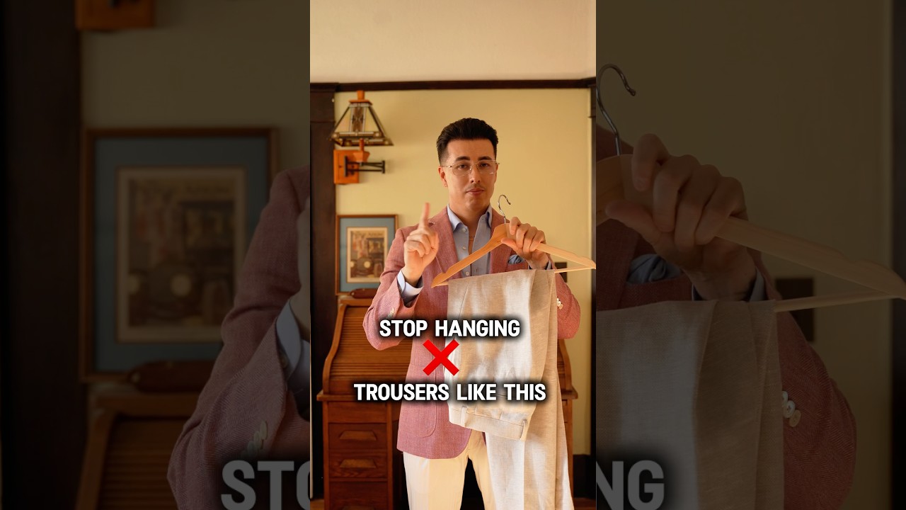 How to hang your trousers to avoid wrinkles. #menstyletips #menswear #closetorganization #trouser