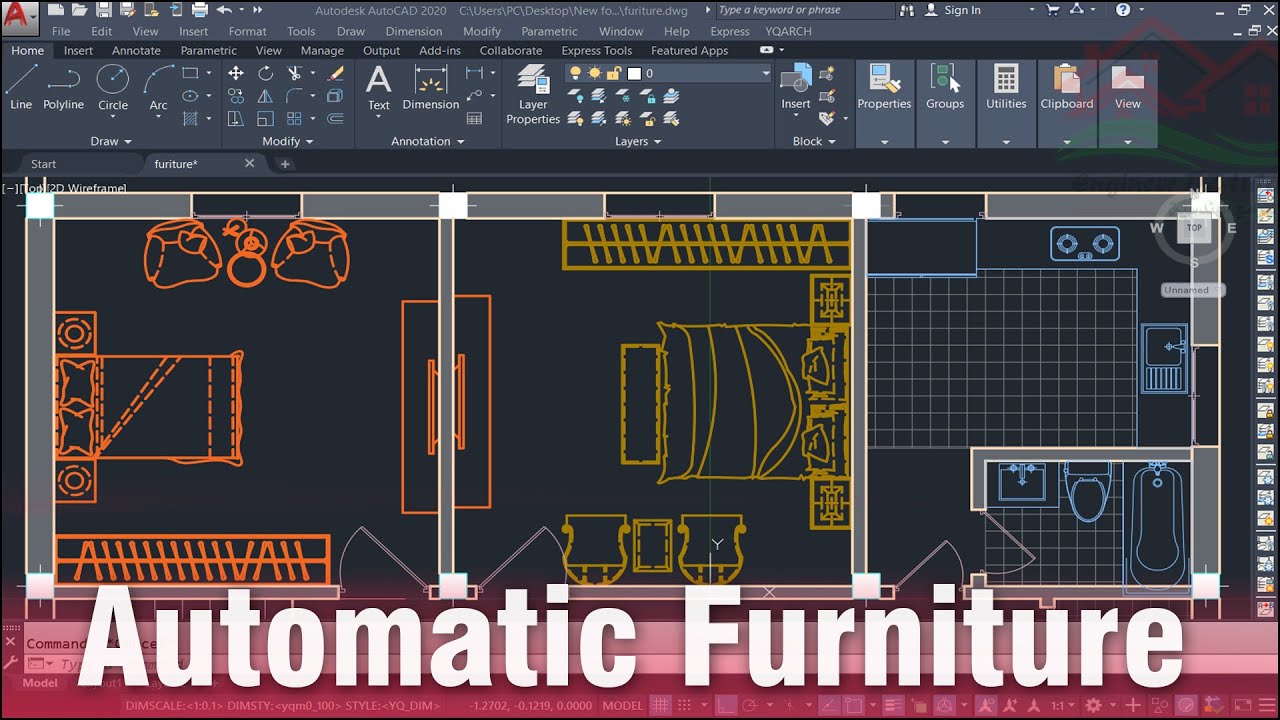 عمل التأثيت الأتوماتيكي للمخططات (Automatic Furniture) بضغطتين (دورة تعليم اضافة YQArch) على AutoCAD