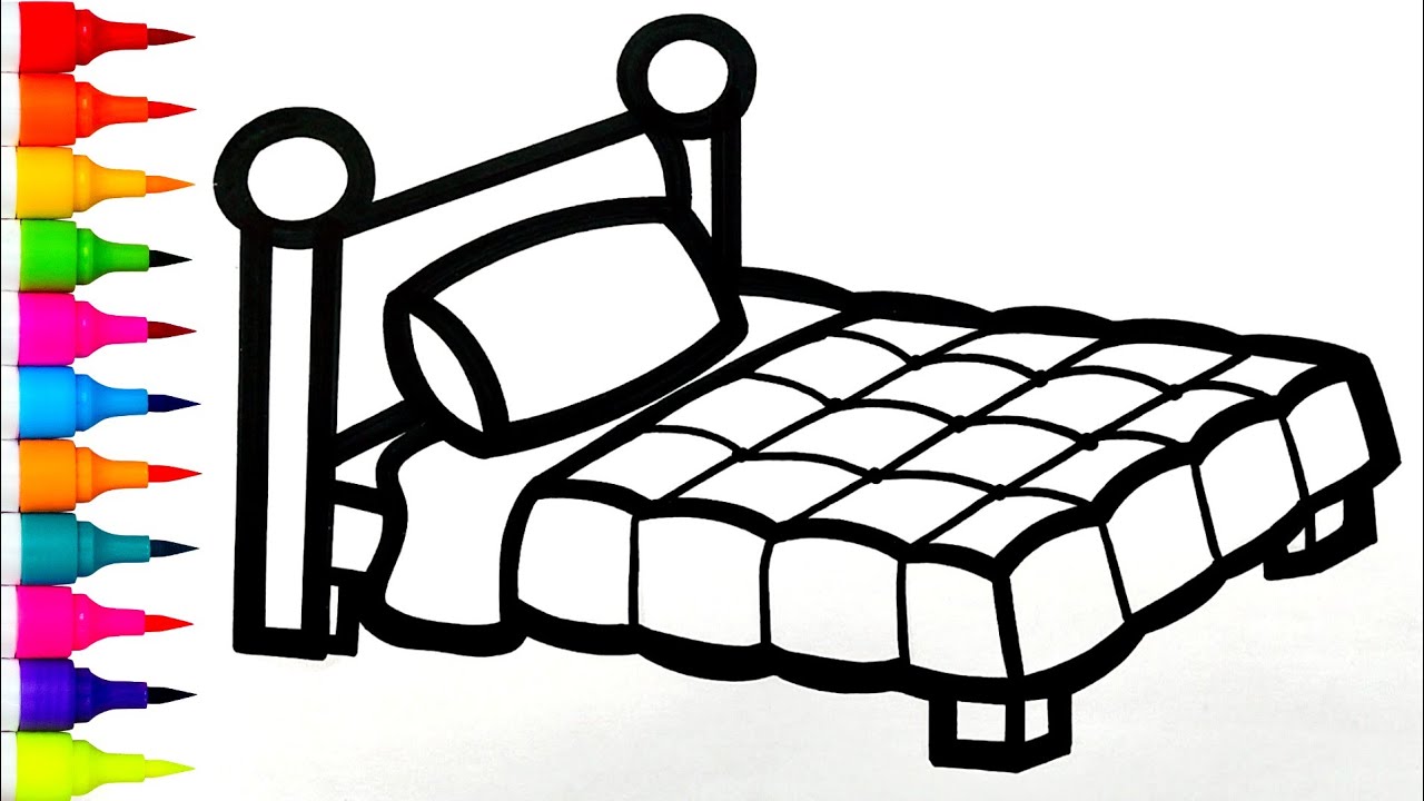 Как нарисовать кровать шаг за шагом 🛏️ | Урок рисования мебели для спальни | Рисование красочной ...