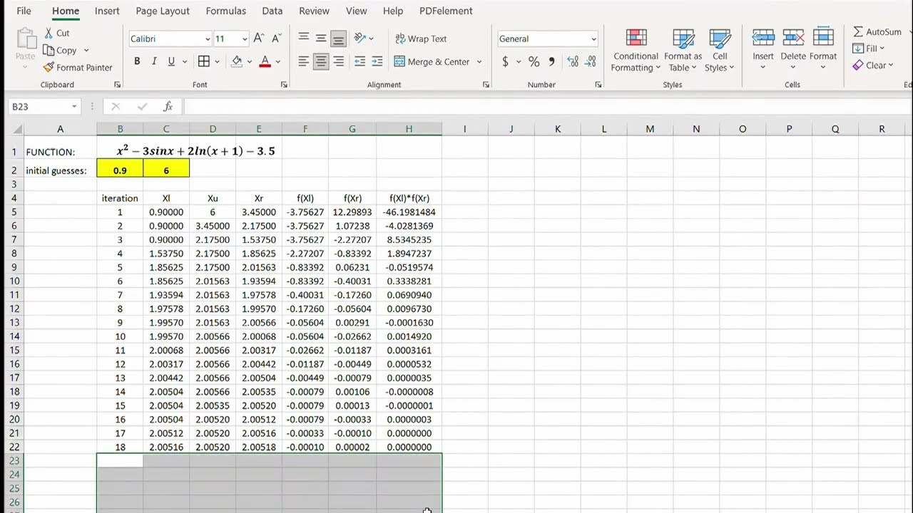 Bisection Method using Microsoft Excel