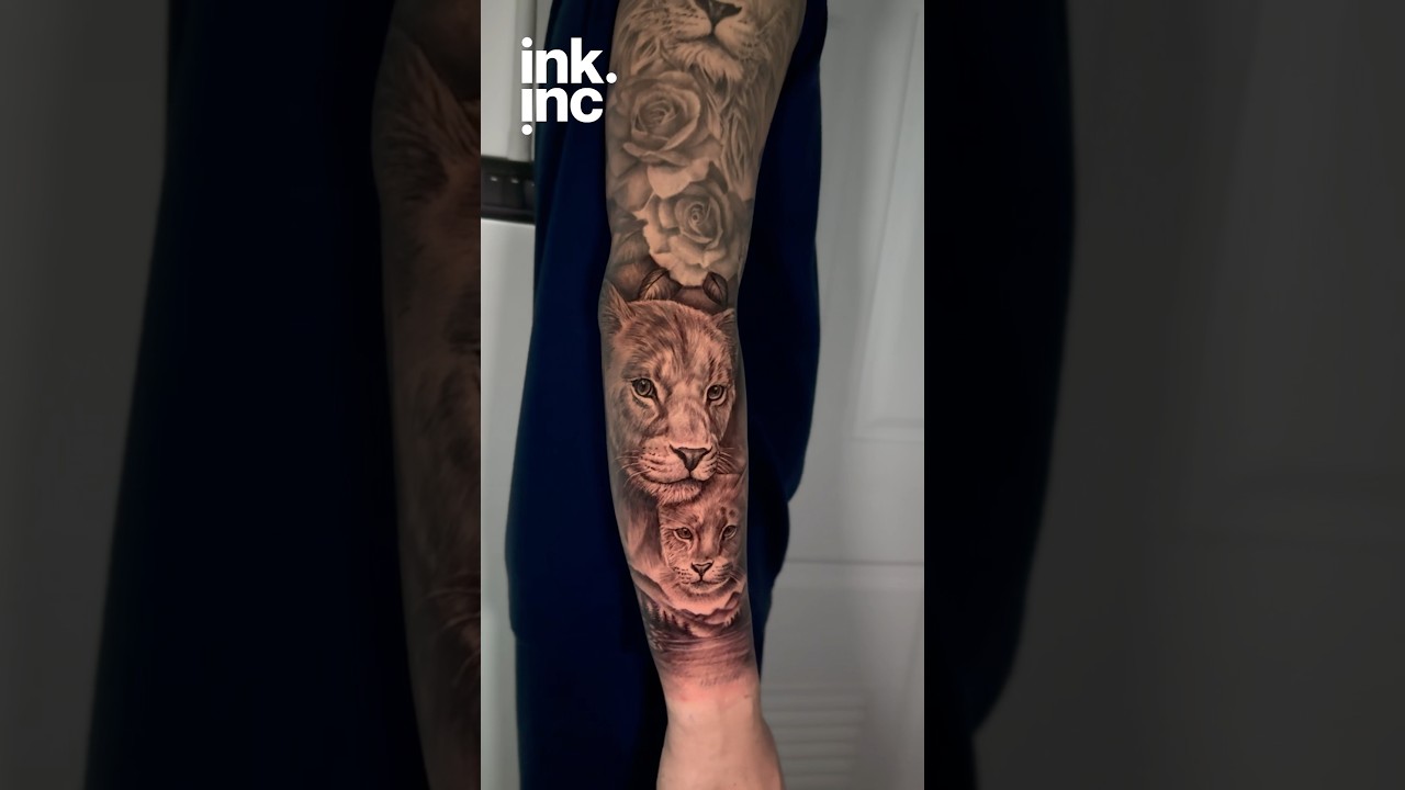 Forearm Tattoo Lion, Cub, Roses & Family Scene. #tattoo #liontattoo