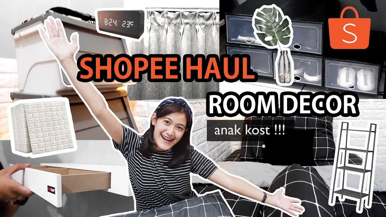 SHOPEE HAUL Room Decor Aesthetic Murah || Unboxing Peralatan Kamar Kost  | MONOKROM MINIMALIS