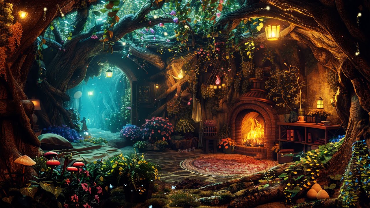 Magical Fairy Wood Cottage in Deep Forest | Fatasy Music Ambience w/ Crackling Fireplace