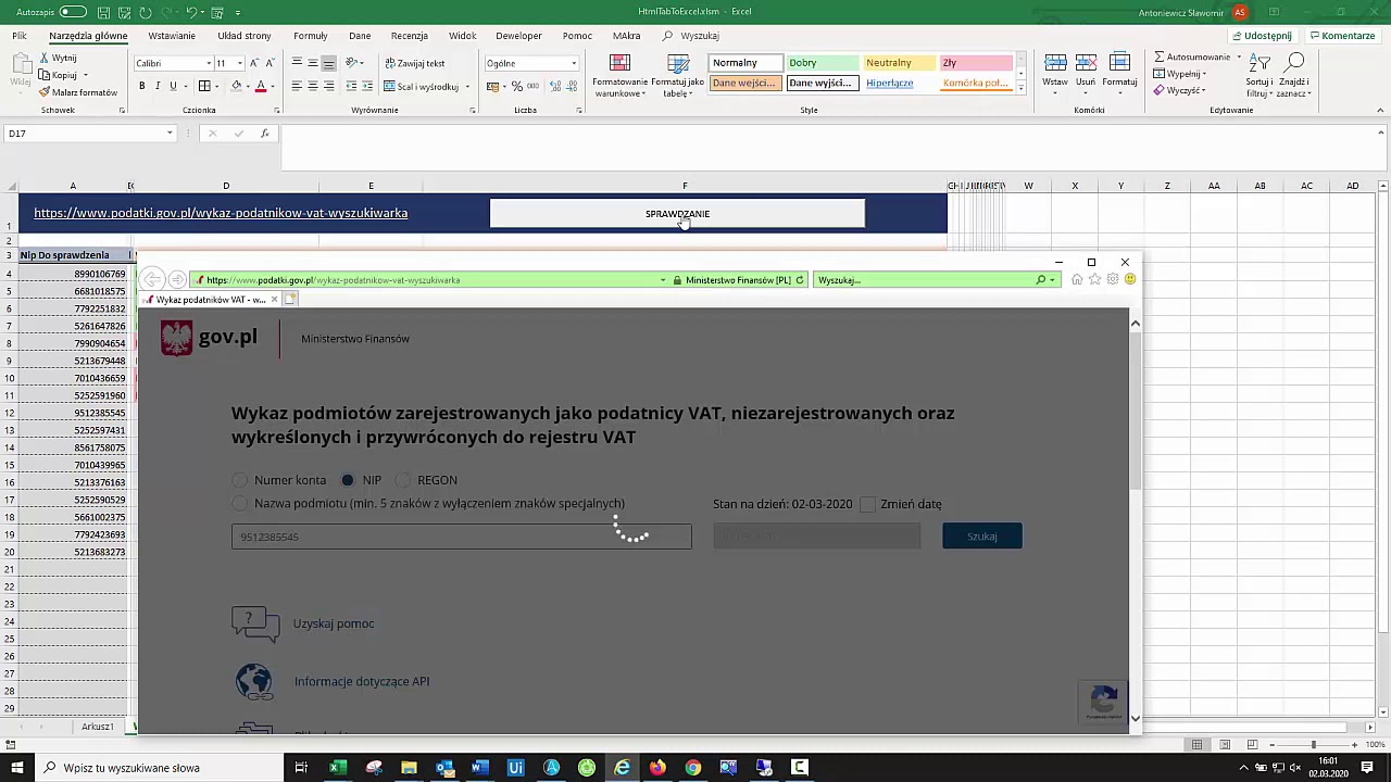 &bdquo;Web Scraping&rdquo; w Excel VBA przykład II - Weryfikacja NIP