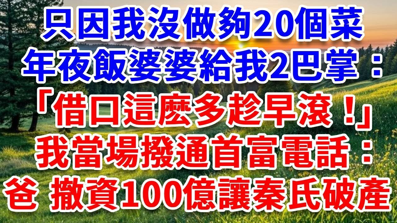 只因我沒做夠20個菜，年夜飯婆婆給我2巴掌：借口就是多快滾！我當場撥通首富電話：爸，讓秦氏集團破產，撤資100億！#詩涵講故事#為人處世#生活經驗#情感故事#晚年哲理#說故事#完結文#原創故事