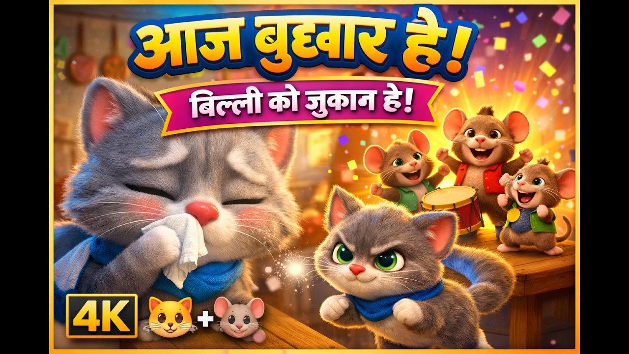 आज बुधवार है 🐱 | बिल्ली को ज़ुकाम है | Funny Cat & Mouse Kids Song | 3D Cartoon 4K HDR