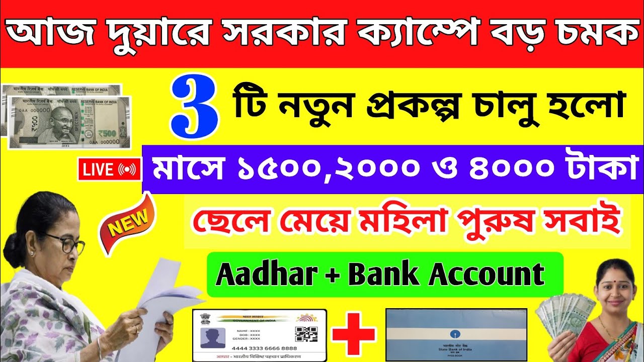 আজ দুয়ারে সরকার ক্যাম্পে 3 টি নতুন প্রকল্পের ঘোষণা, এপ্রিলে ব্যাংকে ঢুকবে ১৫০০ ও ২০০০ টাকা। Wb govt