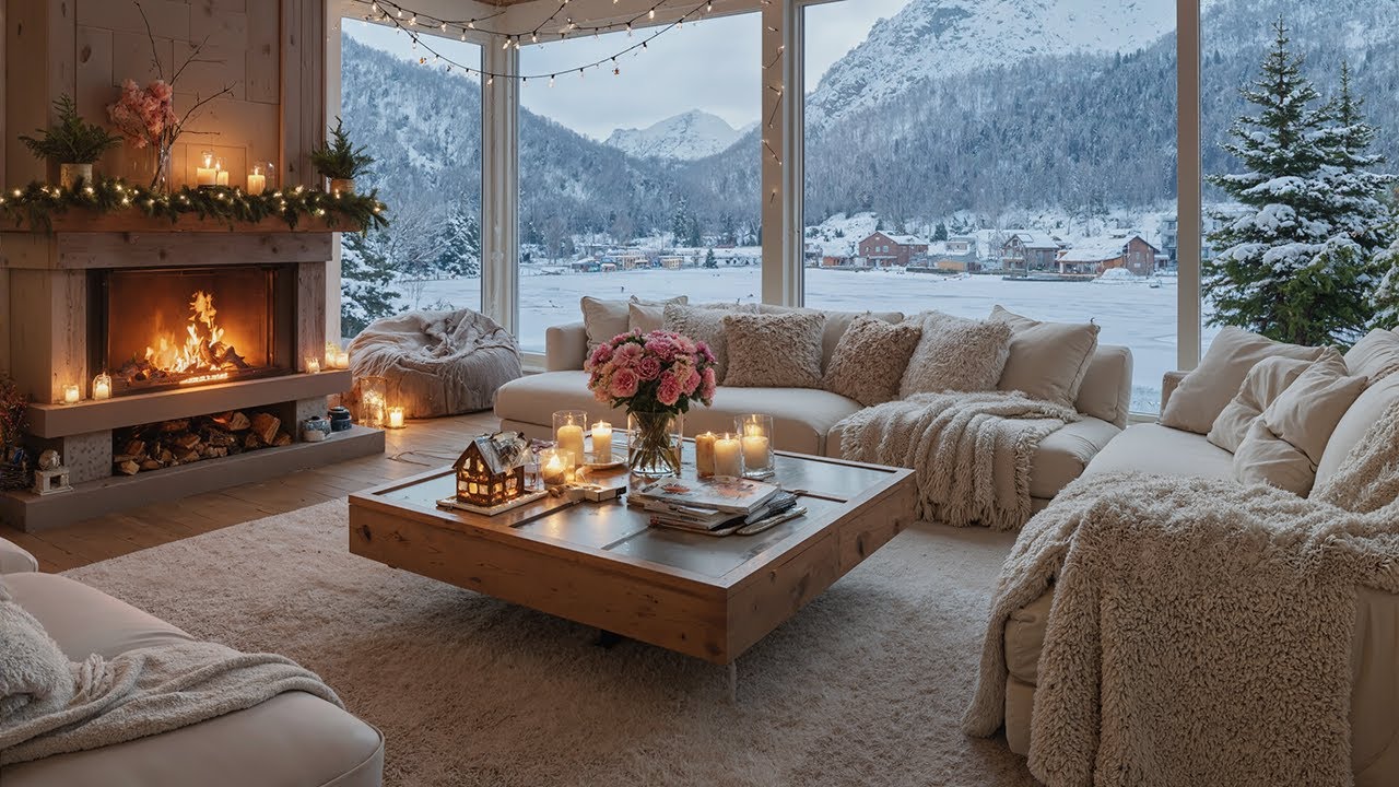 🎹 Winter Elegance Lounge | Flowers Piano & Snow 4 Hours | Fireplace Ambience for Relaxation