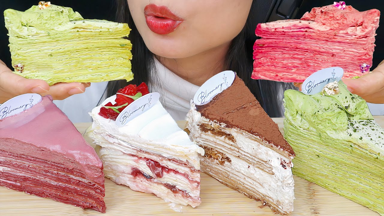 ASMR CREPE CAKE (TIRAMISU, RED VELVET, MATCHA, STRAWBERRY)