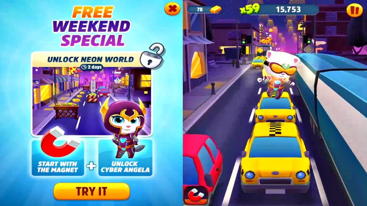 Talking Tom Gold Run : Weekend Special Unlock Neon World Gameplay On IOS
