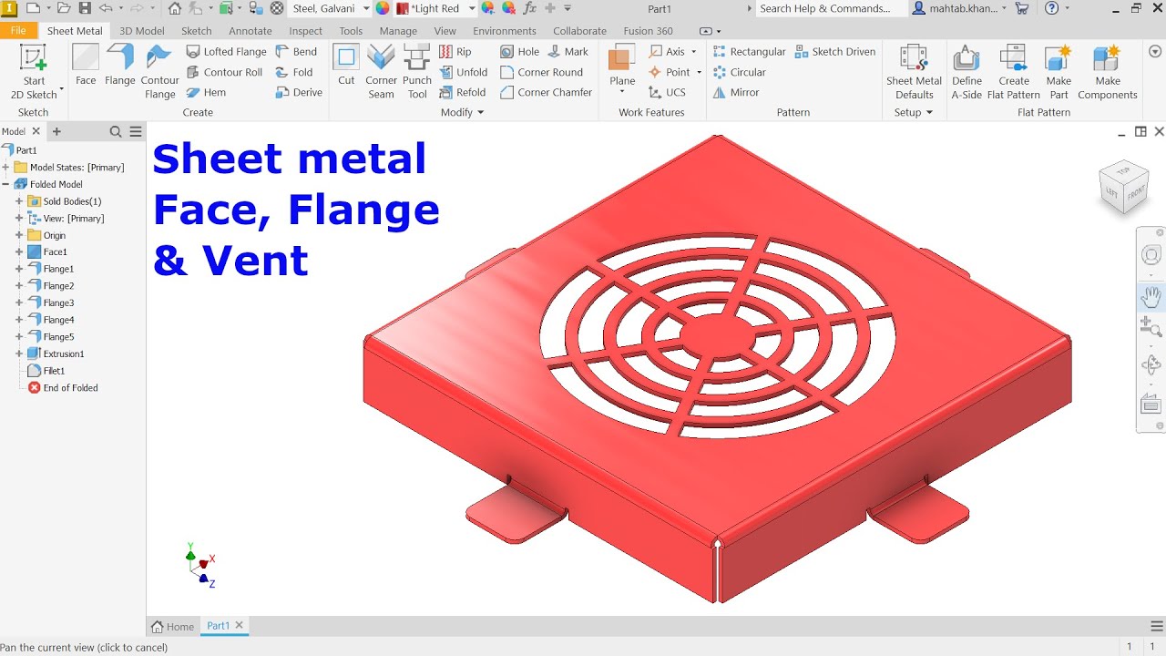 Autodesk Inventor 2023 Sheet metal Tutorial Face, Flange & Vent