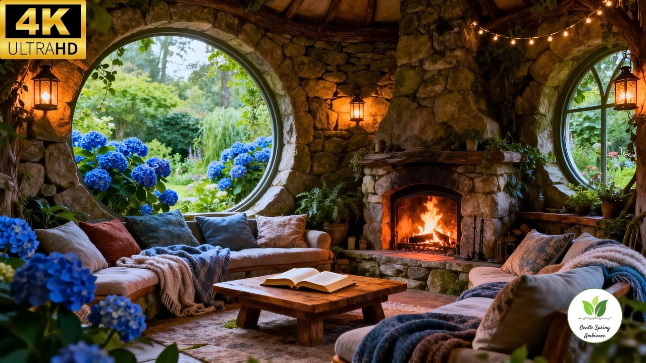 Crackling Fireplace on a Spring Veranda 🌸 | Relaxing Forest View Ambience for Sleep & Calm