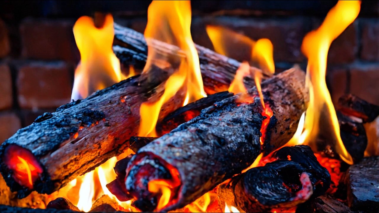 ❄️ Relax by a Warm And Cozy Fireplace With Orange Flames On A Brick Wall & Calming Crackling Sounds